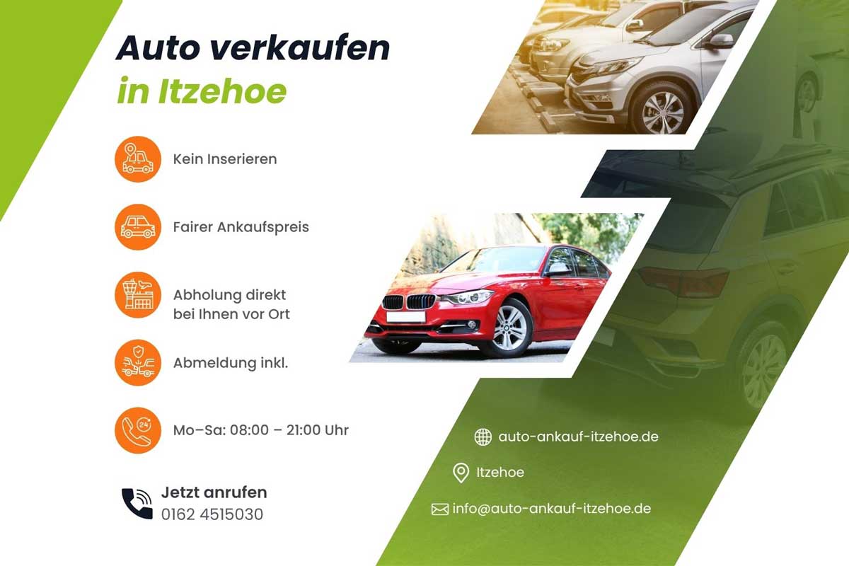 Auto verkaufen in Itzehoe. Kein Inserieren. Fairer Ankaufspreis. Abholung direkt bei Ihnen vor Ort. Abmeldung inkl. Montag bis Samstags: 08:00 bis 21:00 Uhr Jetzt anrufen: 01624515030